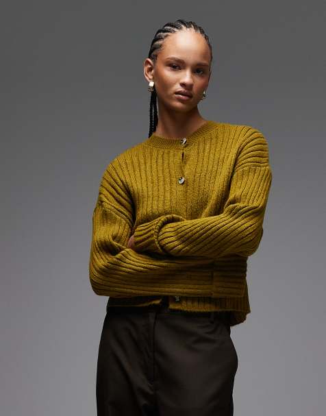 ASOS DESIGN knitted cardigan with turn up cuff in olive