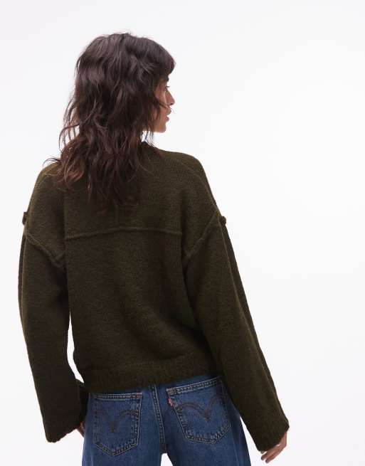 ASOS DESIGN knitted cardigan with wool and exposed seams in khaki