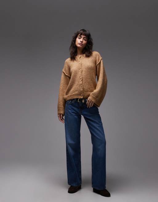 ASOS DESIGN knitted cardigan with wool and exposed seams in mocha, 2 of 4