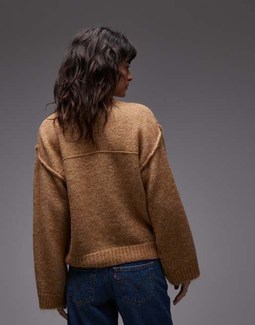 ASOS DESIGN knitted cardigan with wool and exposed seams in mocha, 4 of 4