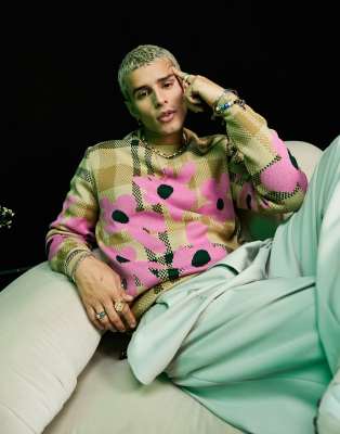 ASOS DESIGN knitted check jumper with floral pattern - ASOS Price Checker