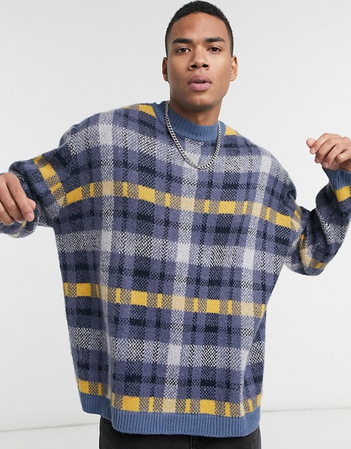 ASOS DESIGN knitted check roll neck jumper in blue textured yarn