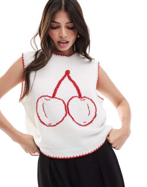 ASOS DESIGN knitted cherry tank top in ivory - view 1