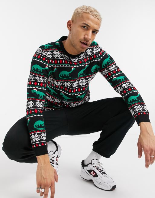 ASOS DESIGN knitted christmas fairisle jumper with dinosaur design