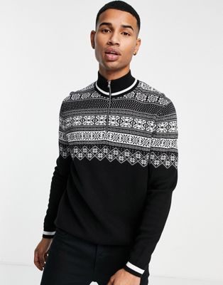 ASOS DESIGN knitted christmas half zip jumper with yoke fairilse in black