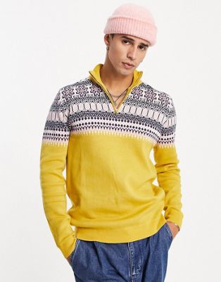 ASOS DESIGN knitted christmas half zip jumper with yoke fairilse in yellow