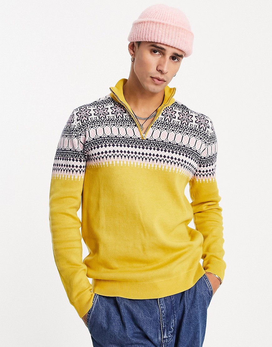 ASOS DESIGN knitted christmas half zip sweater with yoke fairisle in yellow