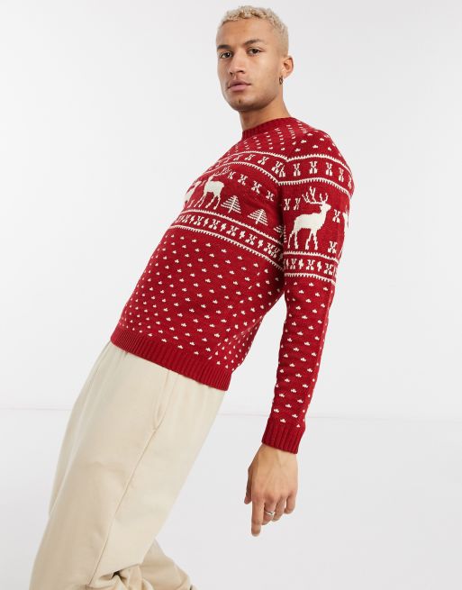 ASOS DESIGN knitted christmas jumper in red reindeer design