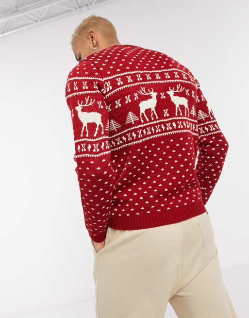 Asos Design Knitted Christmas Jumper In Red Reindeer Design Asos