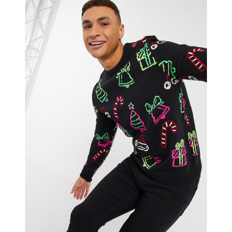 ASOS DESIGN knitted christmas jumper with all over neon motifs