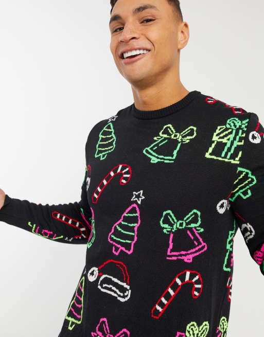ASOS DESIGN knitted christmas jumper with all over neon motifs
