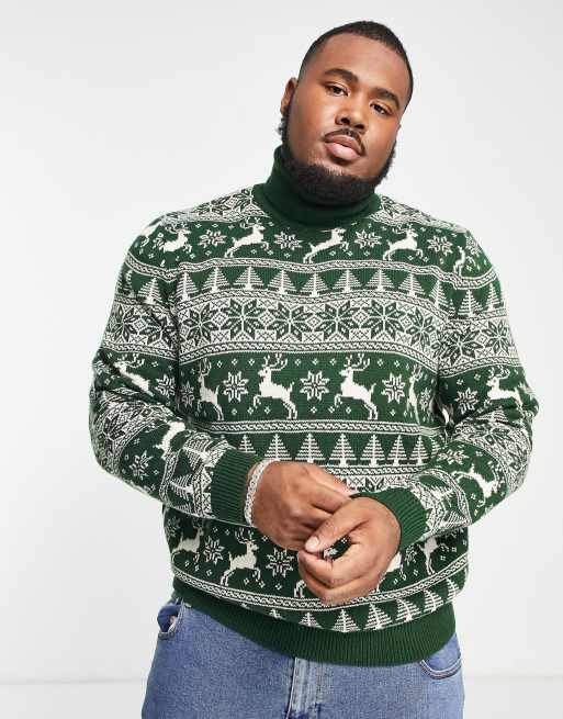 ASOS DESIGN knitted christmas jumper with fair isle stag in green