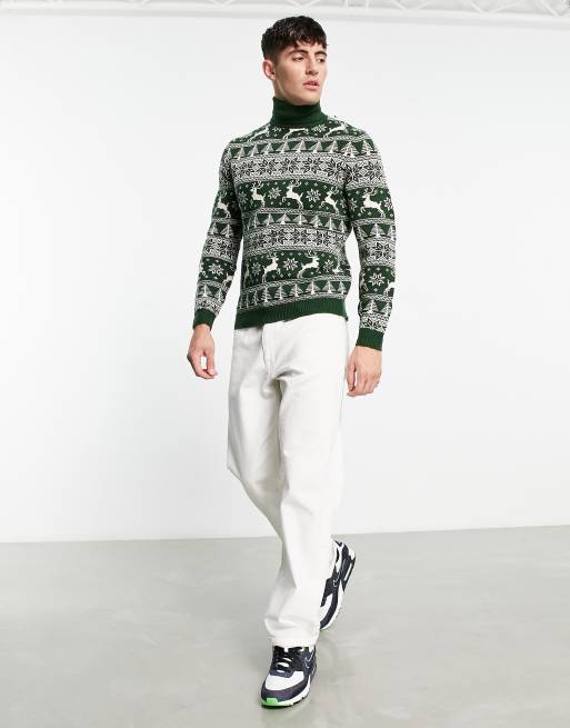 ASOS DESIGN knitted christmas jumper with fair isle stag in green, 4 of 4