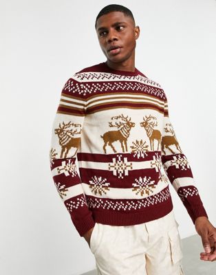 ASOS DESIGN knitted Christmas jumper with fair isle stag in red