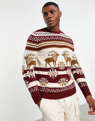 ASOS DESIGN knitted Christmas jumper with fair isle stag in red