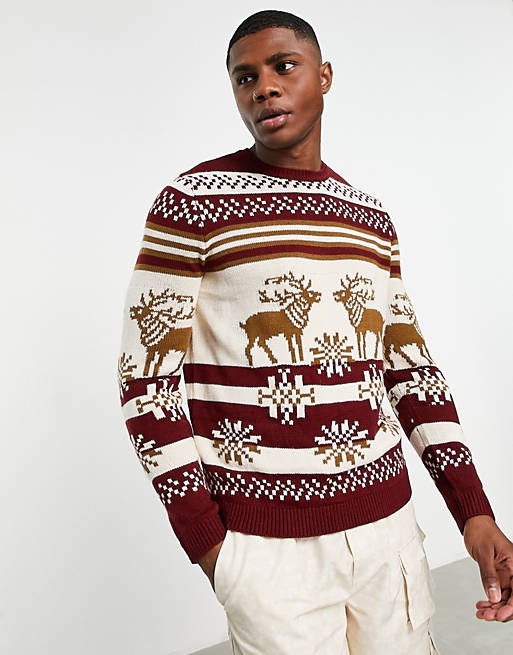 ASOS DESIGN knitted Christmas jumper with fair isle stag in red | ASOS