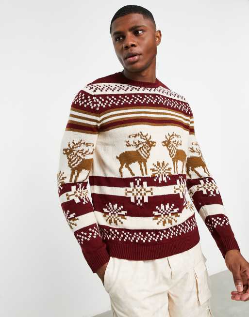 ASOS DESIGN knitted Christmas jumper with fair isle stag in red  ASOS