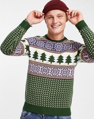 ASOS DESIGN knitted christmas jumper with fairilse design in forest green