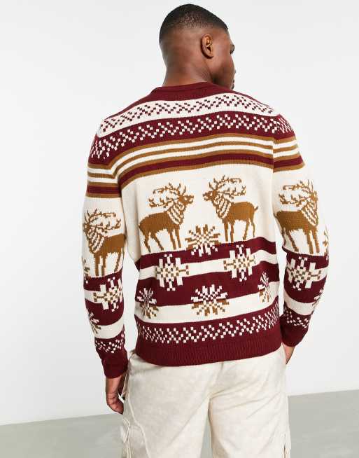 ASOS DESIGN knitted Christmas jumper with fairisle stag in red ASOS