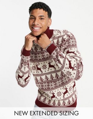 ASOS DESIGN knitted christmas jumper with fairisle stag in red (23811158)