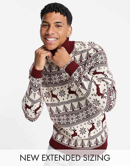 ASOS DESIGN knitted christmas jumper with fairisle stag in red