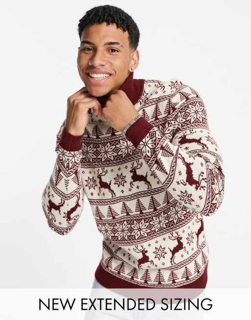 Asos Design Knitted Christmas Jumper With Fairisle Stag In Red Asos