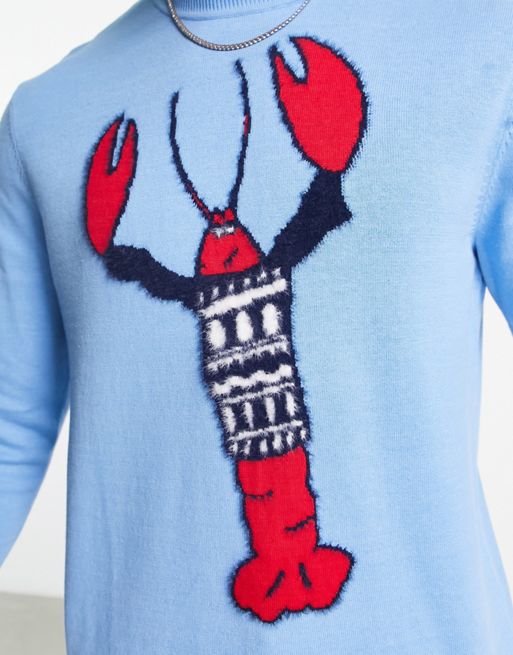 ASOS DESIGN knitted christmas jumper with festive lobster in blue