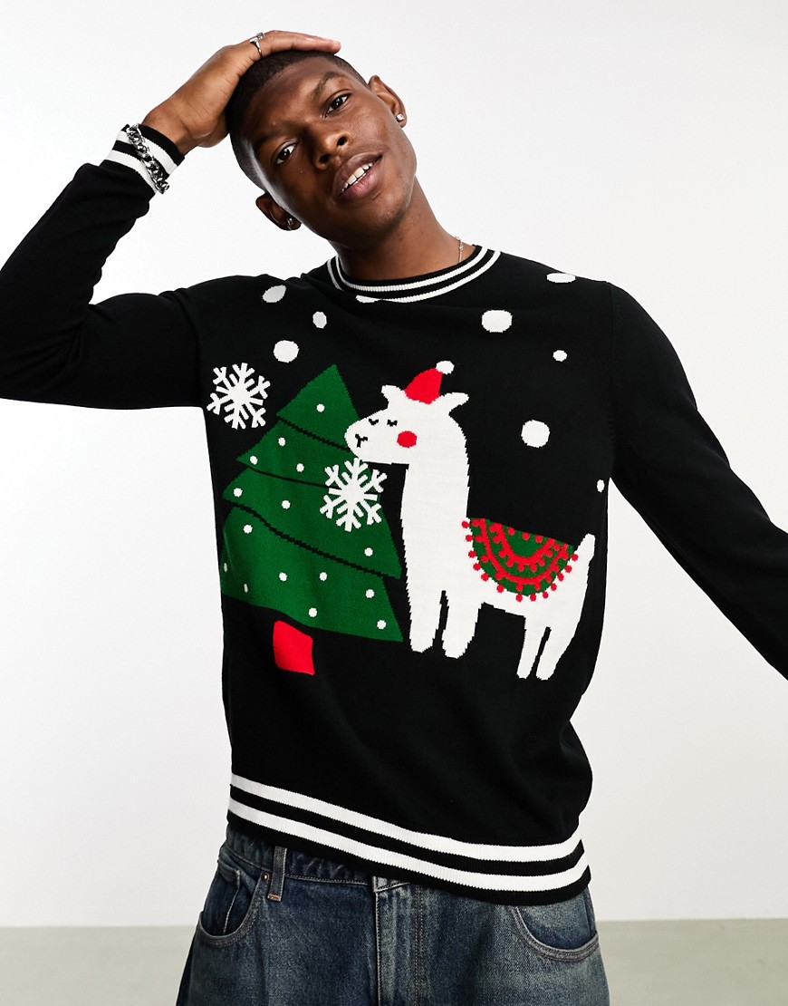 ASOS DESIGN knitted Christmas jumper with Llama pattern in black-Navy