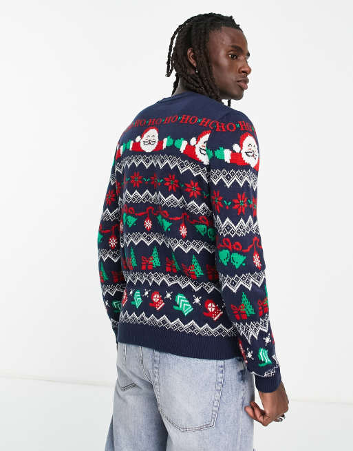 ASOS DESIGN knitted christmas jumper with santa fair isle in blue, 3 of 4