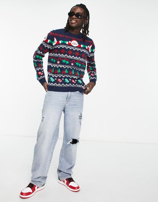 ASOS DESIGN knitted christmas jumper with santa fair isle in blue, 4 of 4