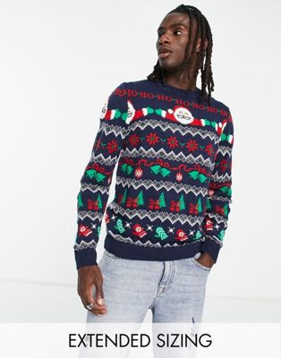 ASOS DESIGN knitted Christmas jumper with Santa fairilse in blue