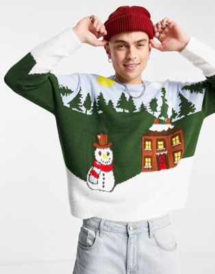 ASOS DESIGN knitted christmas jumper with snow scene design