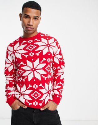 ASOS DESIGN knitted christmas jumper with snowflake design in red