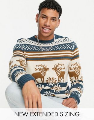 ASOS DESIGN knitted christmas jumper with stag design in blue (23811797)