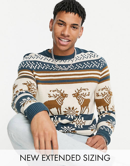 ASOS DESIGN knitted christmas jumper with stag design in blue