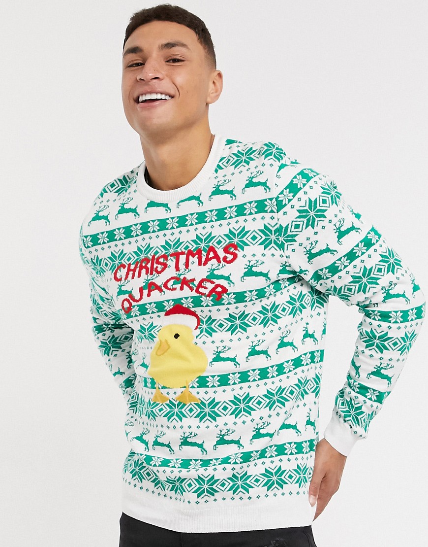 ASOS DESIGN knitted christmas sweater with duck jacquard-Green