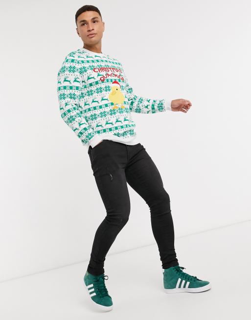 ASOS Design Knit Christmas Sweater with Robin & Dinosaur design-Multi