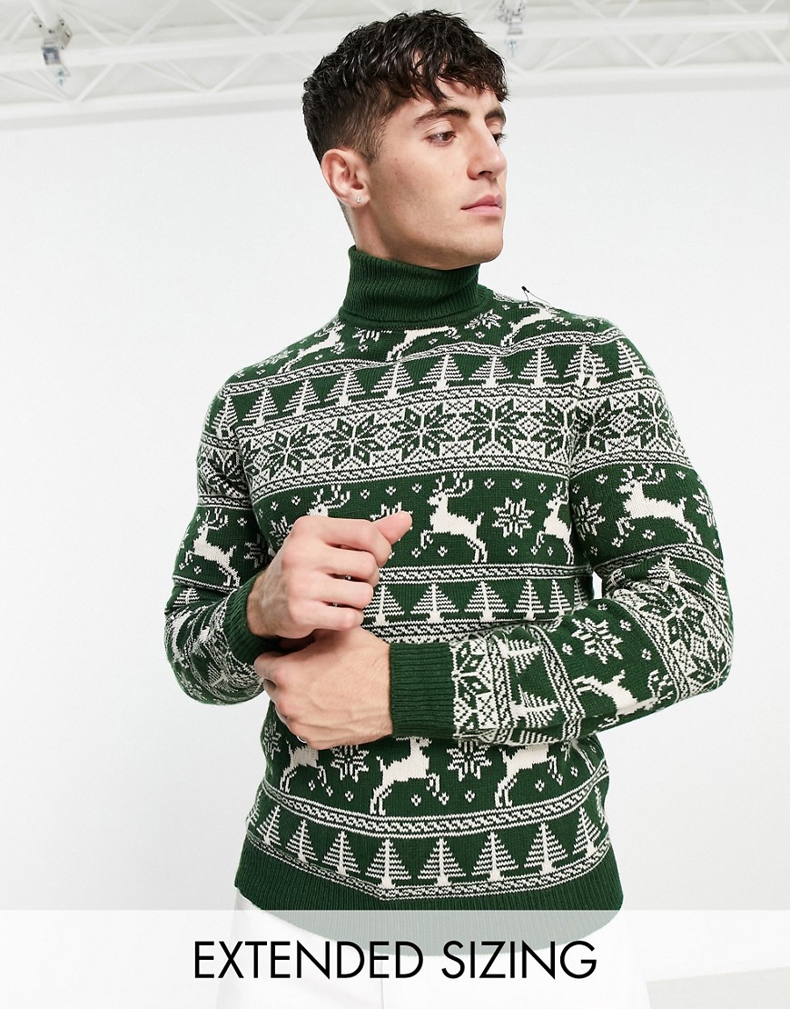 ASOS DESIGN knitted christmas sweater with fairisle stag in green