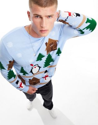 Asos Design Knitted Christmas Sweater With Nativity Scene In Blue