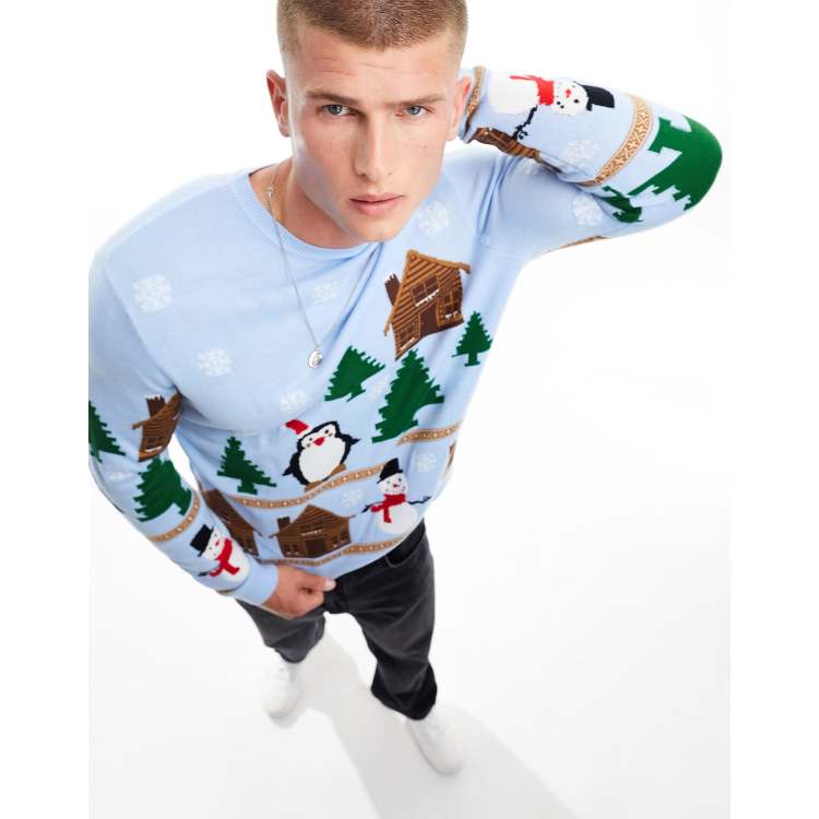 ASOS DESIGN knitted Christmas sweater with nativity scene in blue