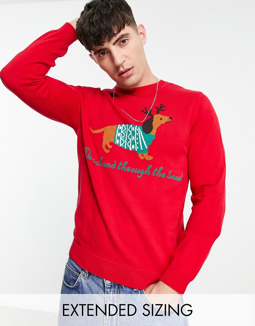 ASOS DESIGN knitted christmas sweater with sausage dog in red