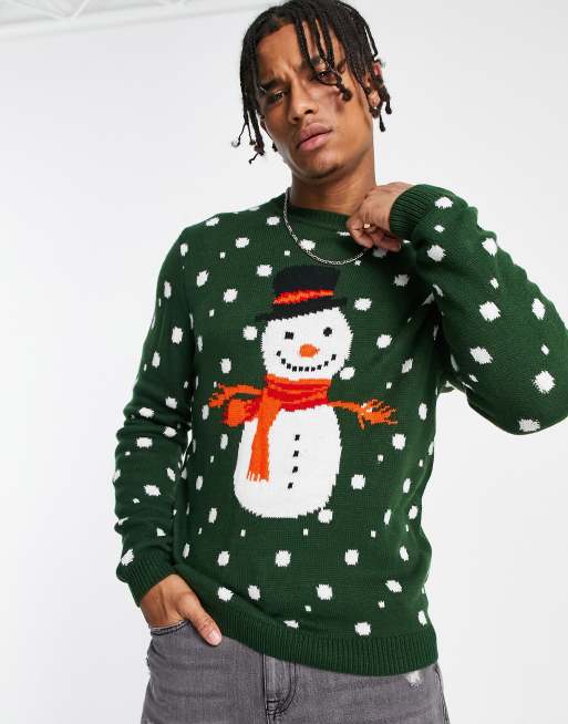 ASOS DESIGN knitted christmas sweater with snowman design in green