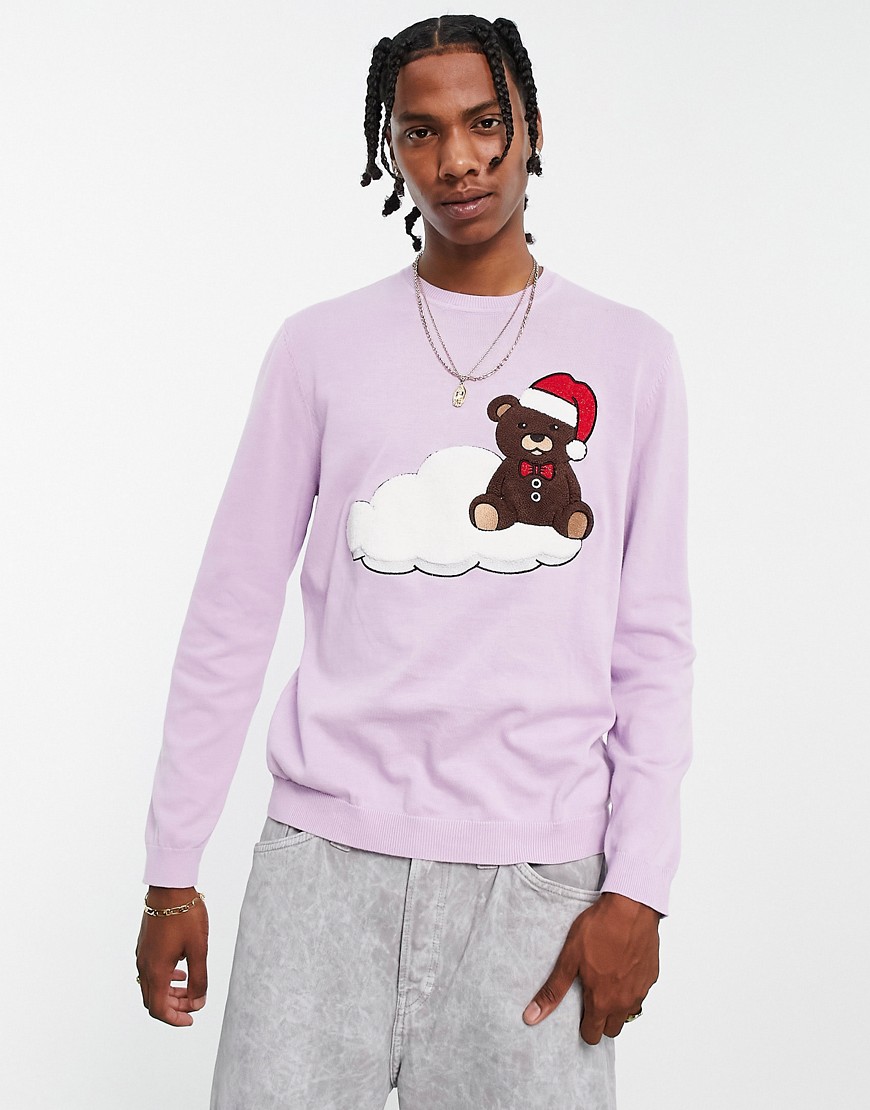 ASOS DESIGN knitted christmas sweater with teddy bear applique in blue-Purple