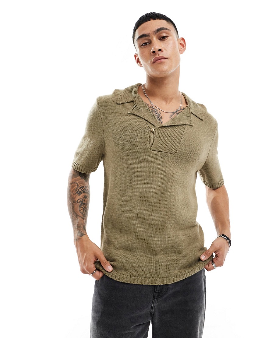 ASOS DESIGN knitted chunky notch neck polo in khaki-Green