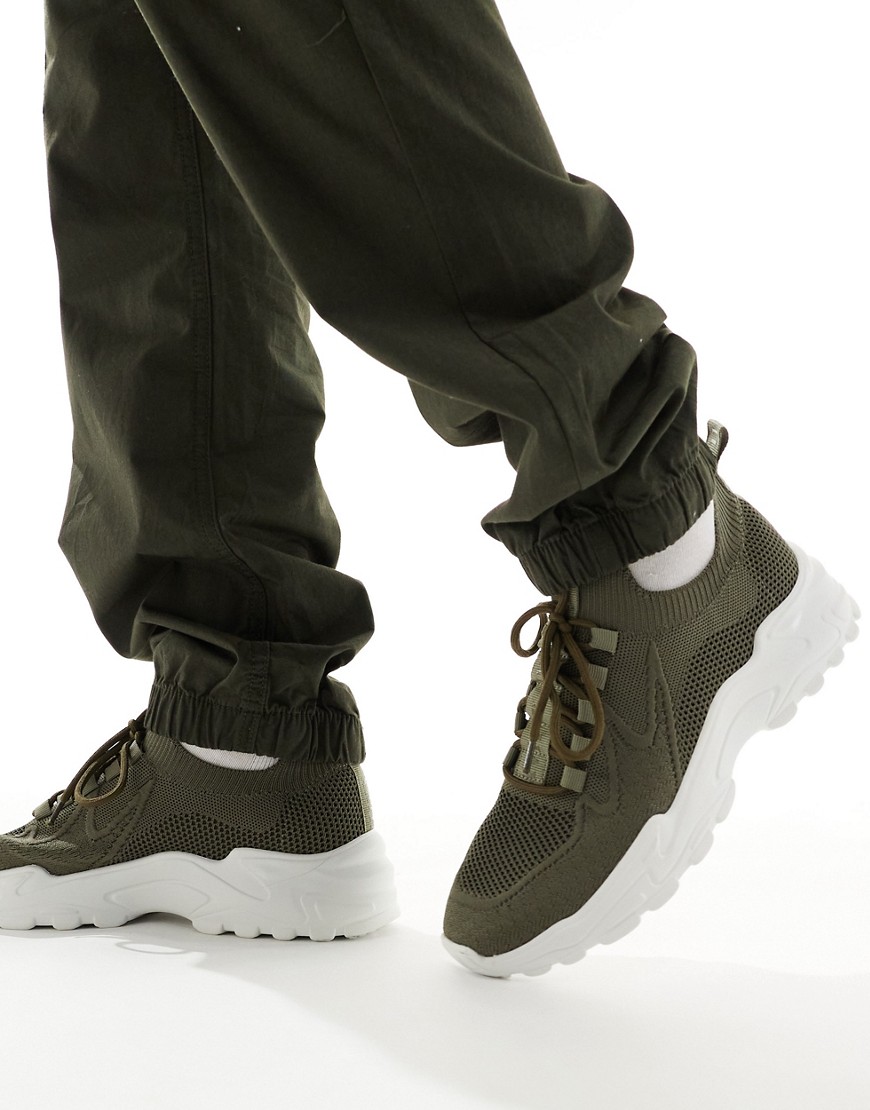 Asos Design Knitted Chunky Sneakers In Khaki-green