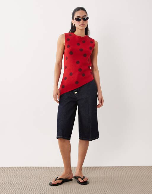 ASOS DESIGN knitted cinched asymmetric top in red polka dot, 2 of 4