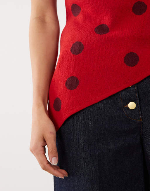 ASOS DESIGN knitted cinched asymmetric top in red polka dot, 3 of 4