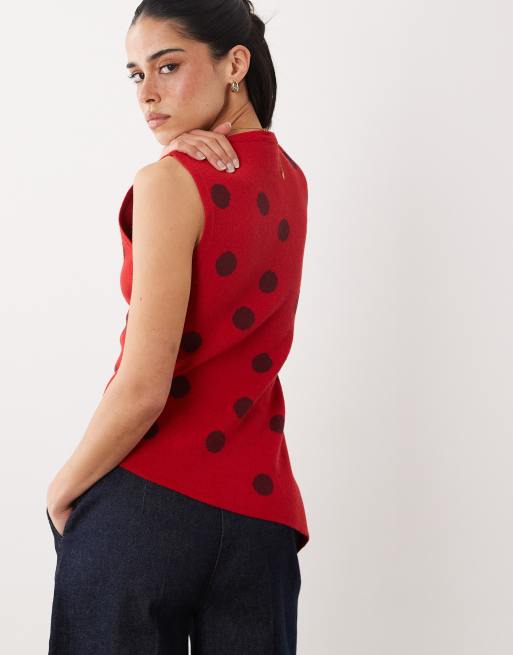 ASOS DESIGN knitted cinched asymmetric top in red polka dot, 4 of 4
