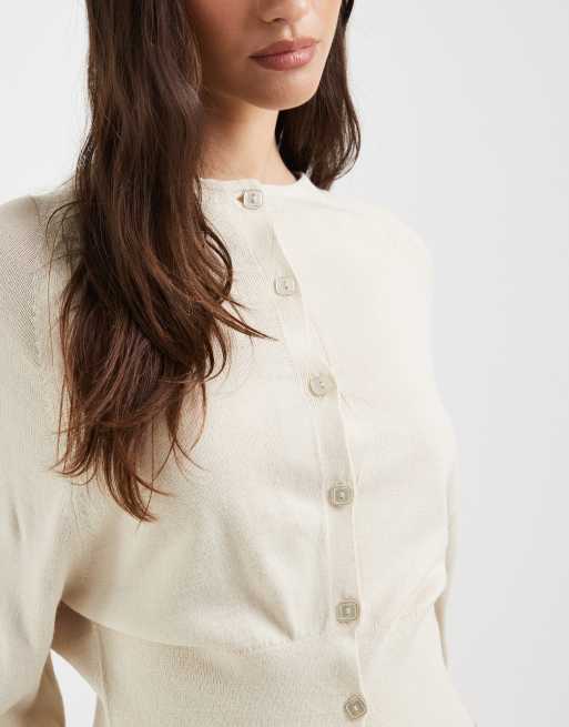 ASOS DESIGN knitted cinched cardigan with ballooned sleeves in ecru, 3 of 4