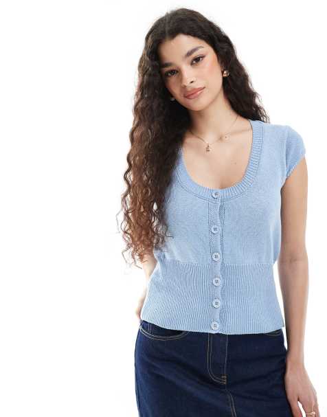 ASOS DESIGN knitted cinched cardigan with cap sleeve in light blue - view 1